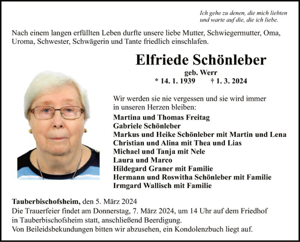  Traueranzeige für Elfriede Schönleber vom 05.03.2024 aus Fränkische Nachrichten