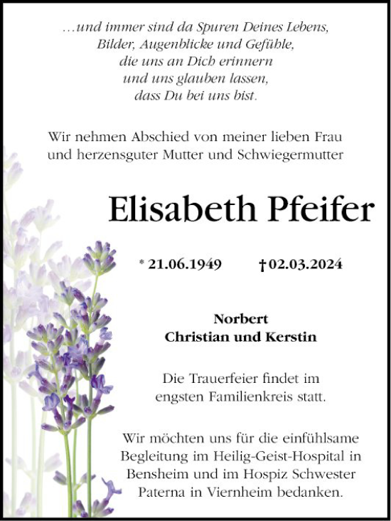 Traueranzeige von Elisabeth Pfeifer von Bergsträßer Anzeiger