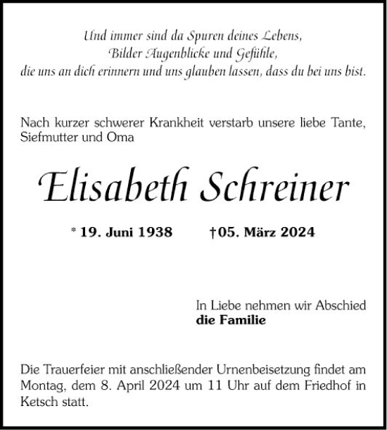 Traueranzeige von Elisabeth Schreiner von Schwetzinger Zeitung