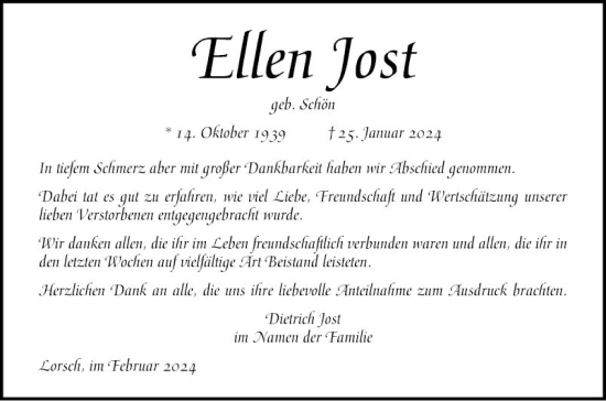 Traueranzeige von Ellen Jost von Bergsträßer Anzeiger