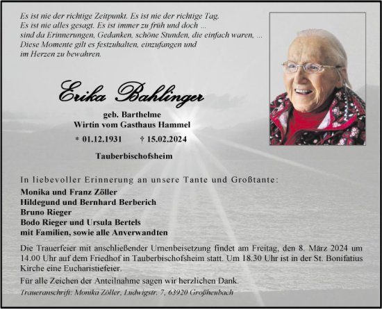 Traueranzeige von Erika Bahlinger von Fränkische Nachrichten