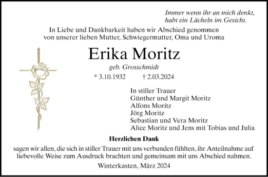 Traueranzeige von Erika Moritz von Bergsträßer Anzeiger