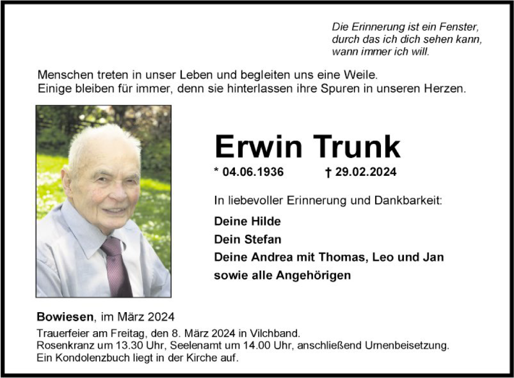  Traueranzeige für Erwin Trunk vom 05.03.2024 aus Fränkische Nachrichten