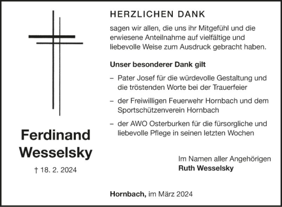 Traueranzeige von Ferdinand Wesselsky von Fränkische Nachrichten