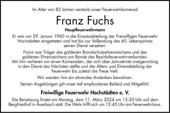 Traueranzeige von Franz Fuchs von Bergsträßer Anzeiger