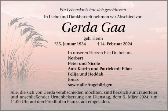 Traueranzeige von Gerda Gaa von Schwetzinger Zeitung