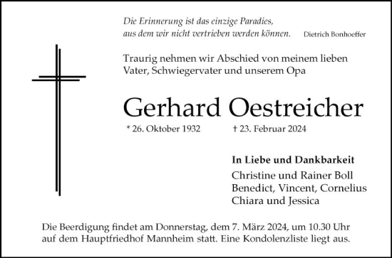 Traueranzeige von Gerhard Oestreicher von Mannheimer Morgen