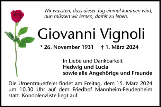 Traueranzeige von Giovanni Vignoli von Mannheimer Morgen