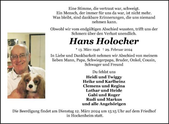 Traueranzeige von Hans Holocher von Schwetzinger Zeitung