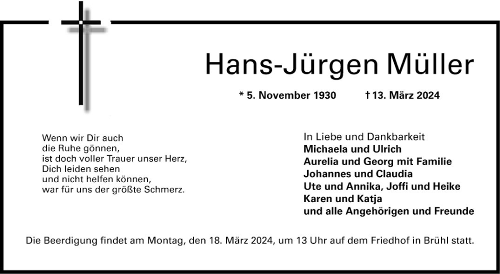  Traueranzeige für Hans-Jürgen Müller vom 16.03.2024 aus Schwetzinger Zeitung