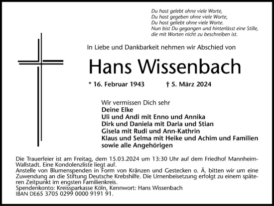 Traueranzeige von Hans Wissenbach von Mannheimer Morgen