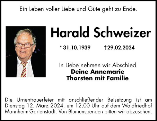 Traueranzeige von Harald Schweizer von Mannheimer Morgen