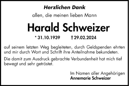 Traueranzeige von Harald Schweizer von Mannheimer Morgen