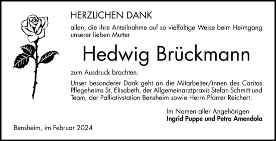 Traueranzeige von Hedwig Brückmann von Bergsträßer Anzeiger