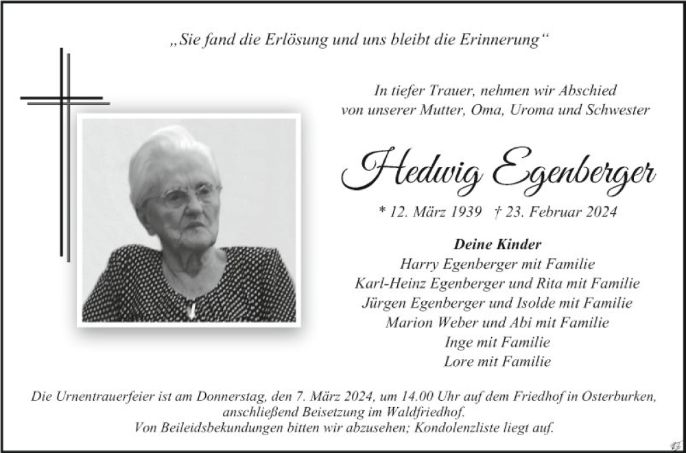  Traueranzeige für Hedwig Egenberger vom 06.03.2024 aus Fränkische Nachrichten