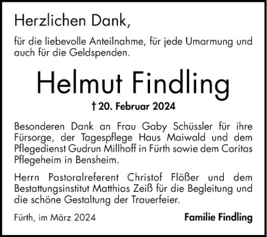 Traueranzeige von Helmut Findling von Bergsträßer Anzeiger