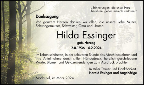 Traueranzeige von Hilda Essinger von Bergsträßer Anzeiger