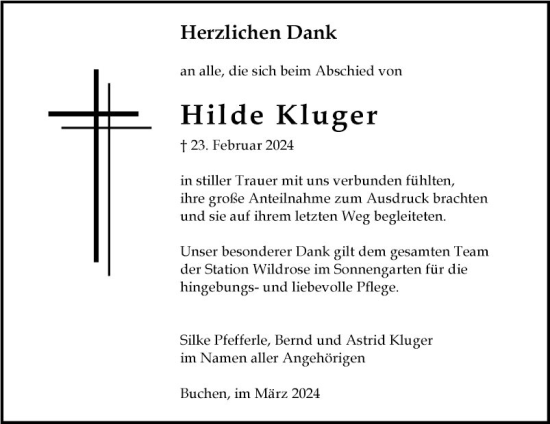 Traueranzeige von Hilde Kluger von Fränkische Nachrichten