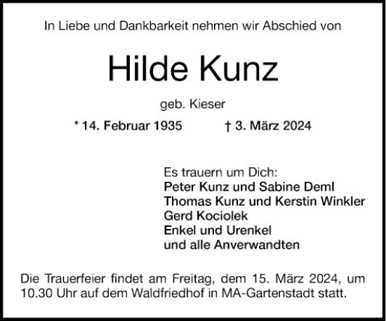 Traueranzeige von Hilde Kunz von Mannheimer Morgen