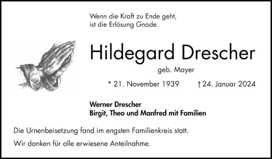 Traueranzeige von Hildegard Drescher von Bergsträßer Anzeiger