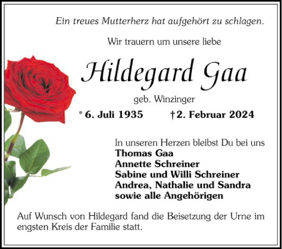 Traueranzeige von Hildegard Gaa von Schwetzinger Zeitung
