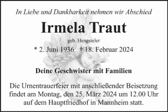 Traueranzeige von Irmela Traut von Mannheimer Morgen