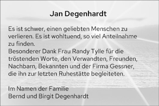 Traueranzeige von Jan Degenhardt von Bergsträßer Anzeiger