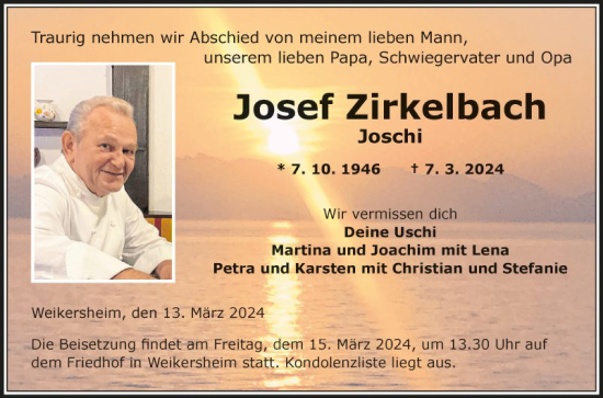 Traueranzeige von Josef Zirkelbach von Fränkische Nachrichten