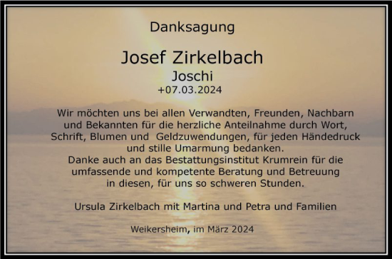 Traueranzeige von Josef Zirkelbach von Fränkische Nachrichten