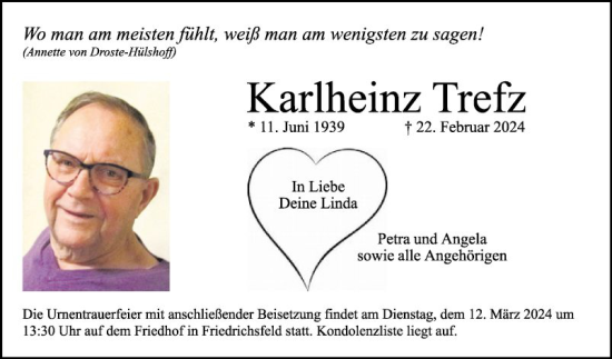 Traueranzeige von Karlheinz Trefz von Mannheimer Morgen