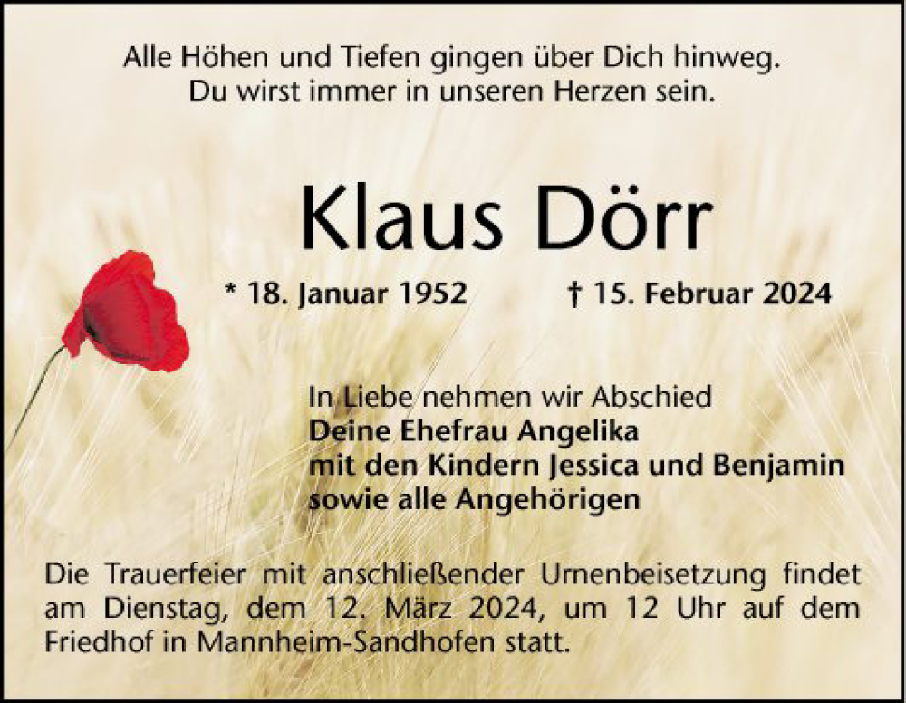  Traueranzeige für Klaus Dörr vom 02.03.2024 aus Mannheimer Morgen