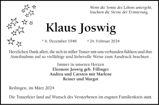 Traueranzeige von Klaus Joswig von Schwetzinger Zeitung