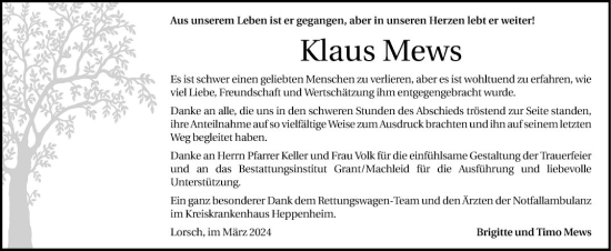 Traueranzeige von Klaus Mews von Bergsträßer Anzeiger