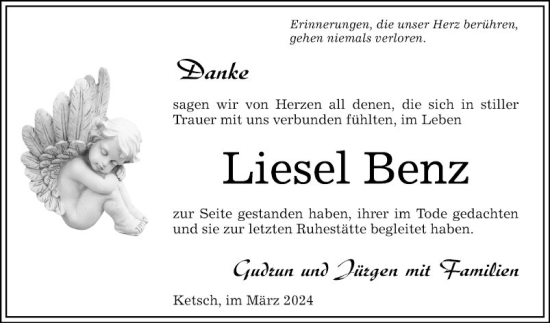 Traueranzeige von Liesel Benz von Schwetzinger Zeitung