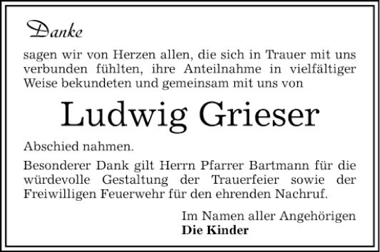 Traueranzeige von Ludwig Grieser von Bergsträßer Anzeiger