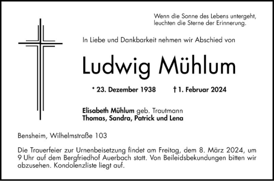 Traueranzeige von Ludwig Mühlum von Bergsträßer Anzeiger