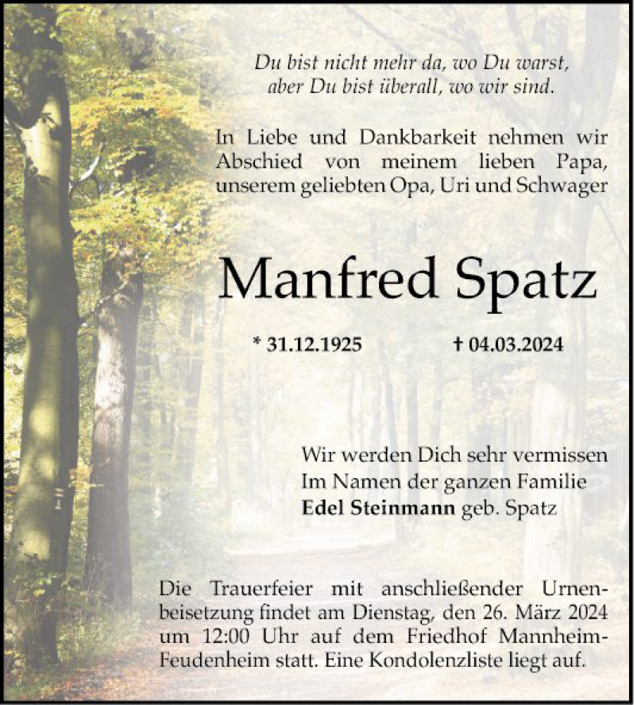  Traueranzeige für Manfred Spatz vom 16.03.2024 aus Mannheimer Morgen
