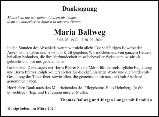 Traueranzeige von Maria Ballweg von Fränkische Nachrichten