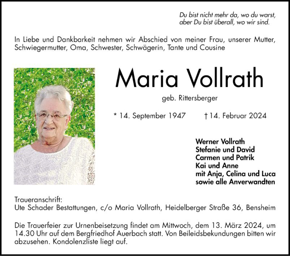  Traueranzeige für Maria Vollrath vom 09.03.2024 aus Bergsträßer Anzeiger