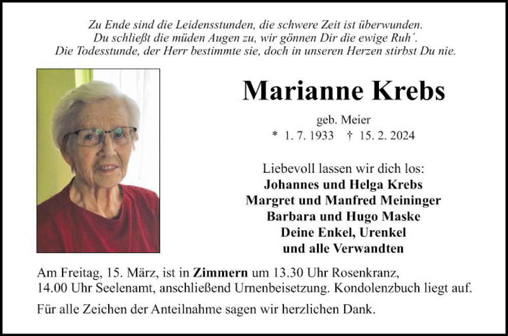  Traueranzeige für Marianne Krebs vom 11.03.2024 aus Fränkische Nachrichten