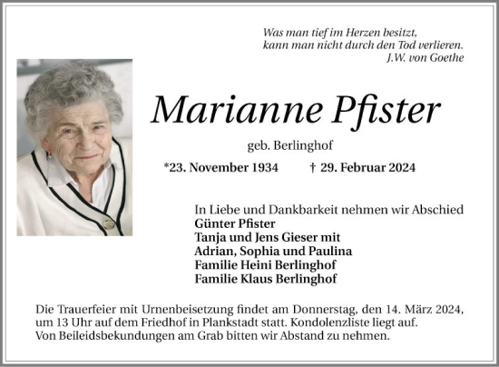 Traueranzeige von Marianne Pfister von Schwetzinger Zeitung