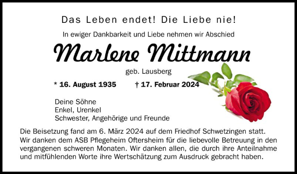  Traueranzeige für Marlene Mittmann vom 09.03.2024 aus Schwetzinger Zeitung