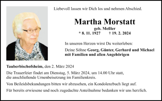 Traueranzeige von Martha Morstatt von Fränkische Nachrichten