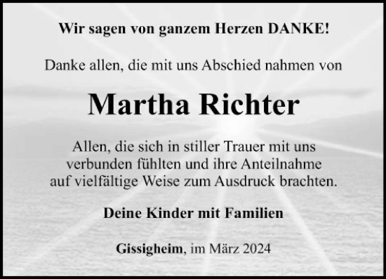 Traueranzeige von Martha Richter von Fränkische Nachrichten