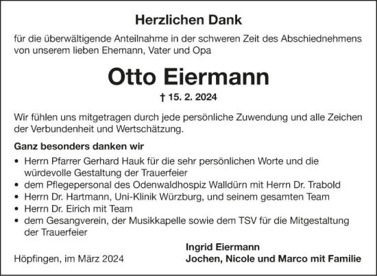 Traueranzeige von Otto Eiermann von Fränkische Nachrichten