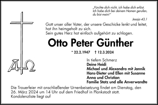 Traueranzeige von Otto Peter Günther von Schwetzinger Zeitung