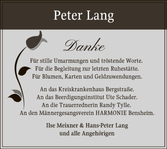 Traueranzeige von Peter Lang von Bergsträßer Anzeiger