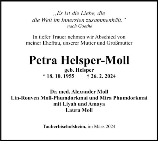 Traueranzeige von Petra Helsper-Moll von Fränkische Nachrichten
