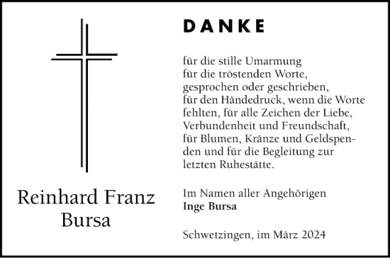 Traueranzeige von Reinhard Franz Bursa von Schwetzinger Zeitung