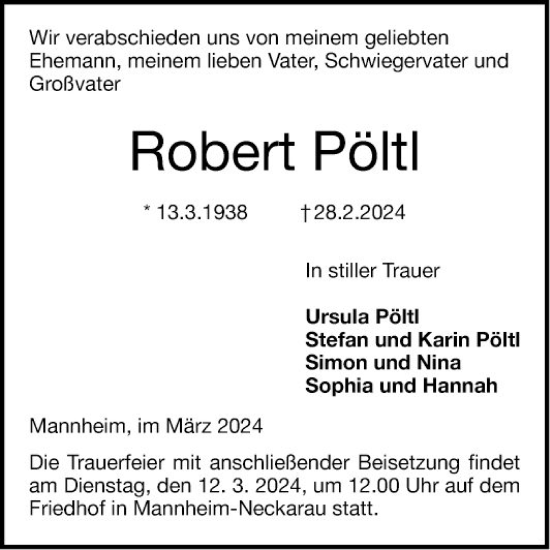 Traueranzeige von Robert Pöltl von Mannheimer Morgen